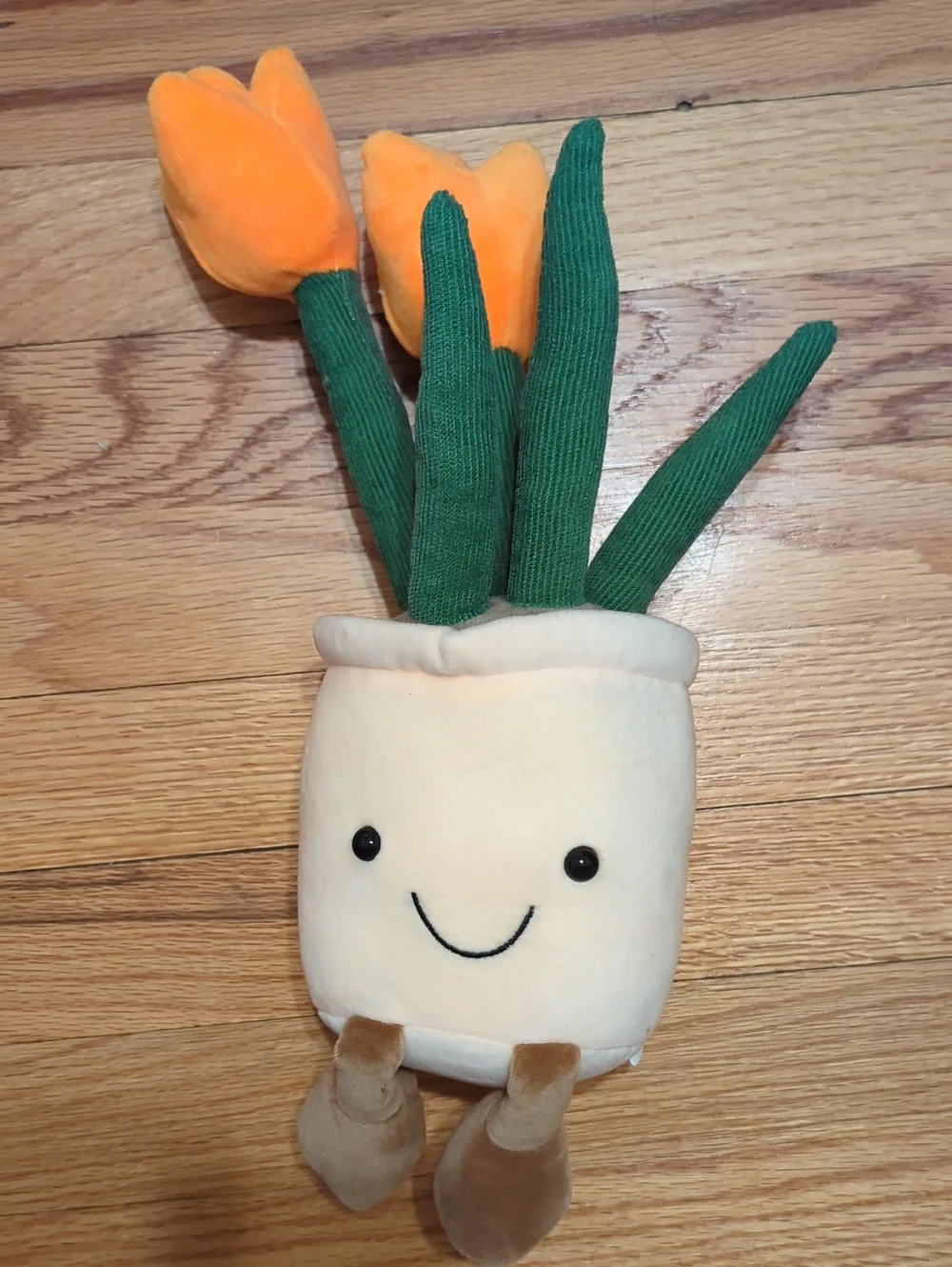 Smiling Plush Flower Pot Toy with Orange Tulips